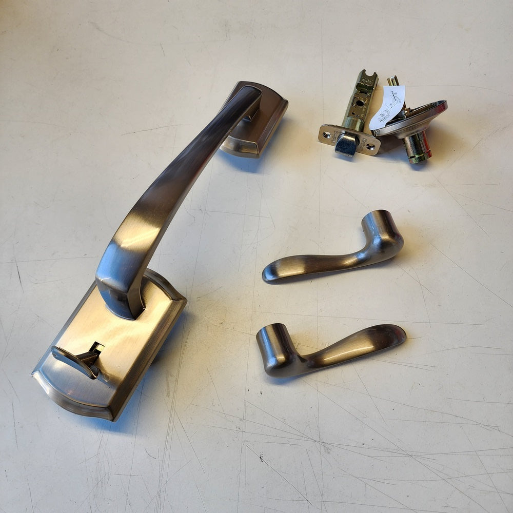 Prescott Satin Nickel Door Handleset Only with Tustin Door Handle in Satin Nickel Prescott Satin Nickel Door Handleset Only with Tustin Door Handle in Satin Nickel